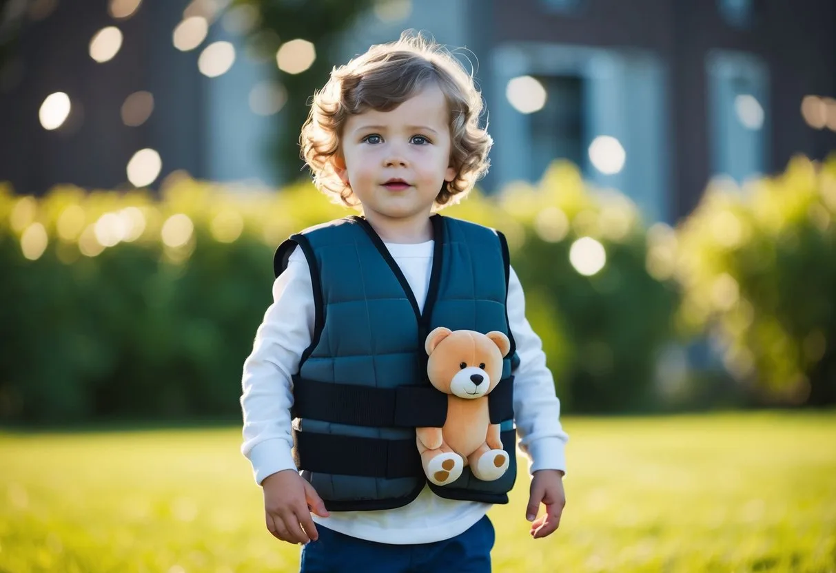 A child wearing a weighted vest or holding a weighted bear standing still and balanced